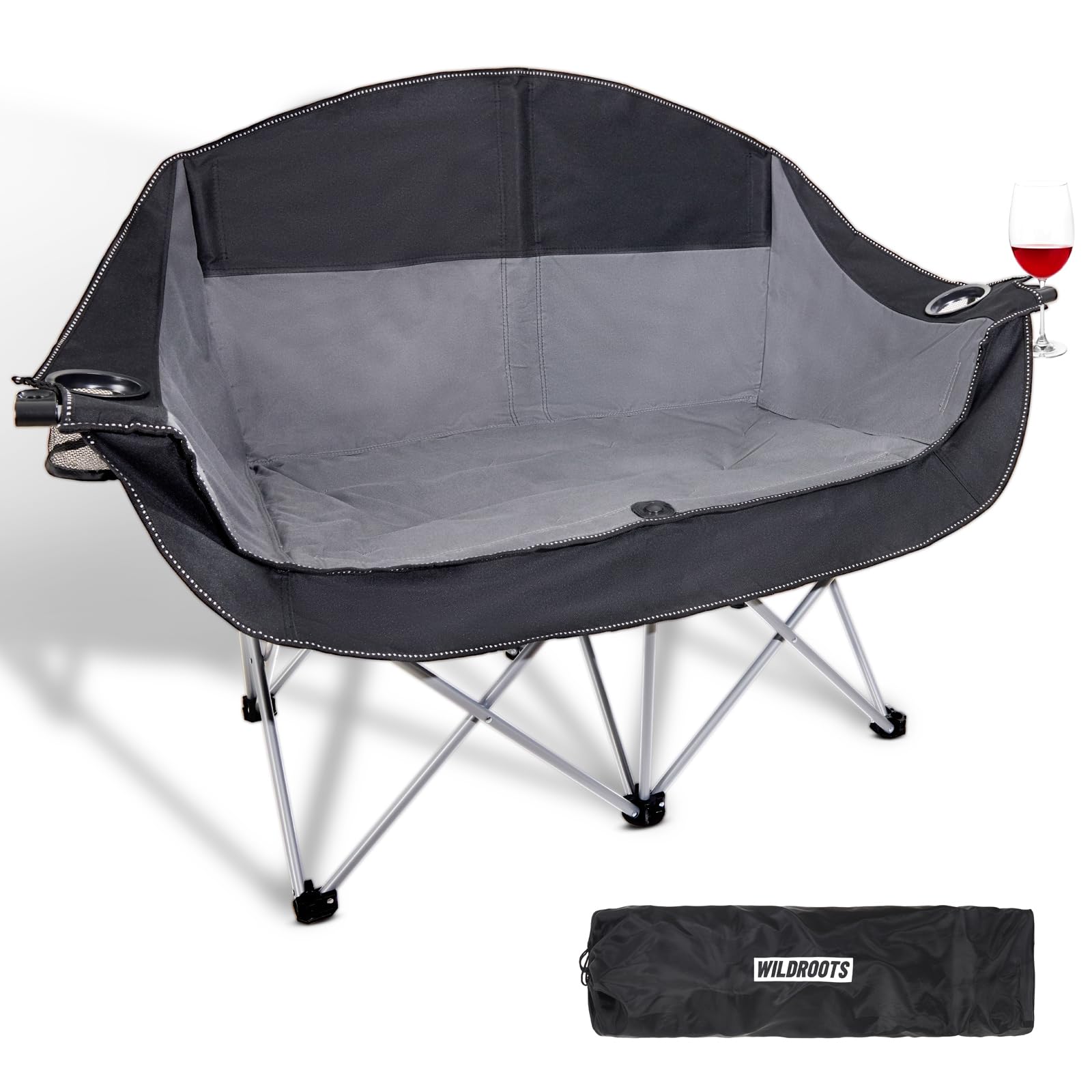 WILDROOTS outdoor folding double chair front view shows two-person seating for beach or camp.