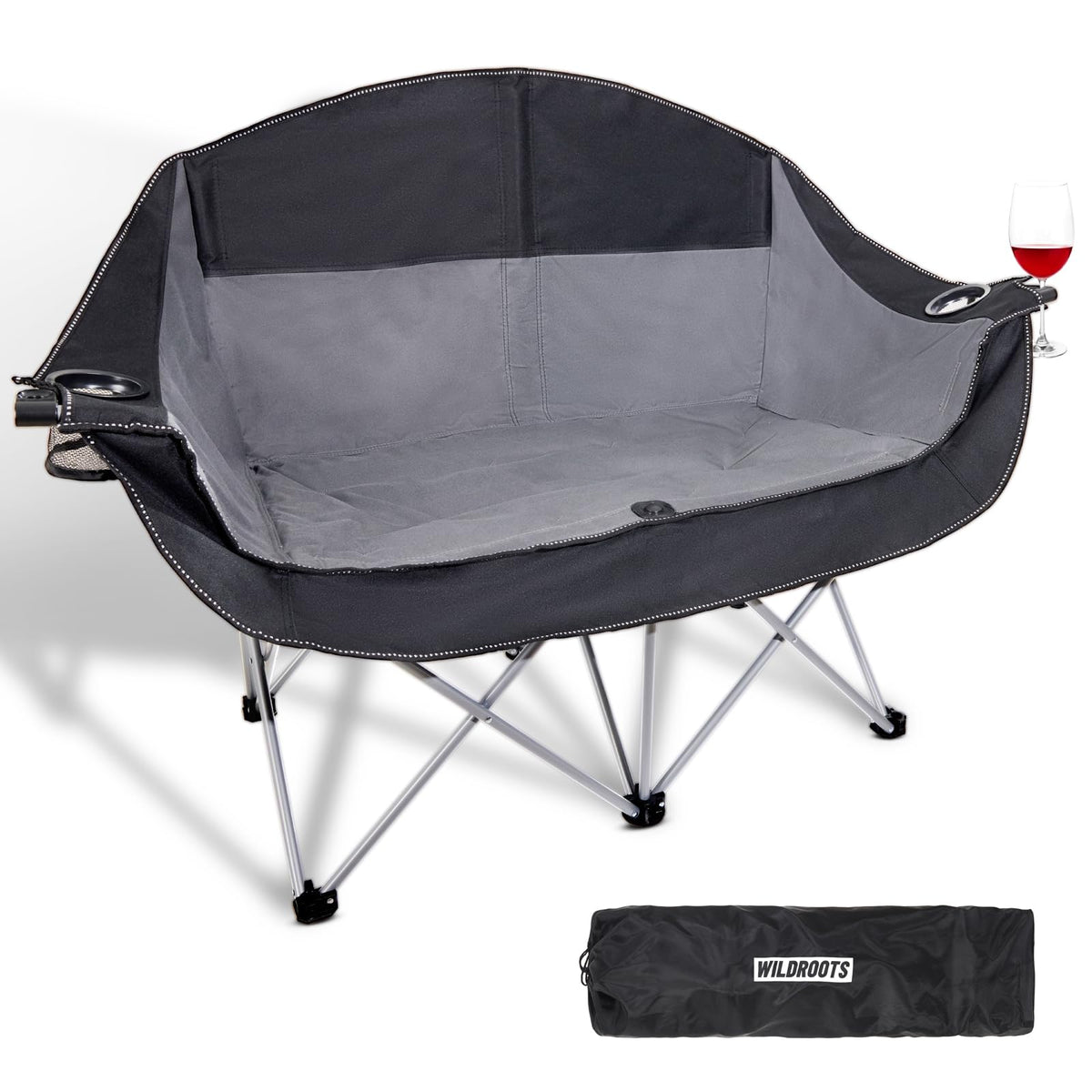 WILDROOTS outdoor folding double chair front view shows two-person seating for beach or camp.
