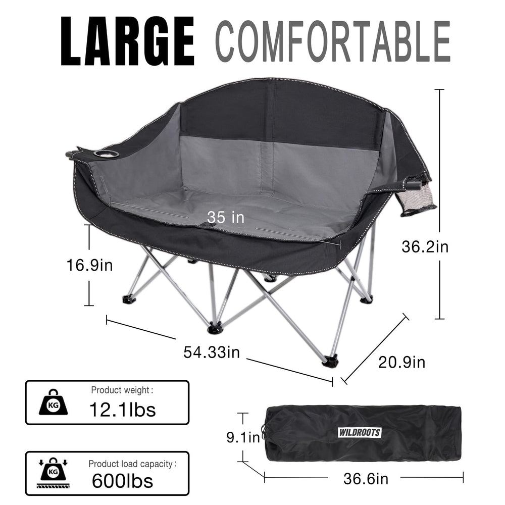 WILDROOTS outdoor folding double chair side view highlights roomy loveseat for family gatherings.