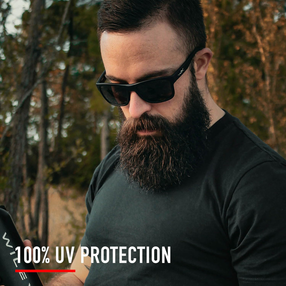 Wiley X Ovation smoke grey lenses offering distortion-free clarity in bright light.