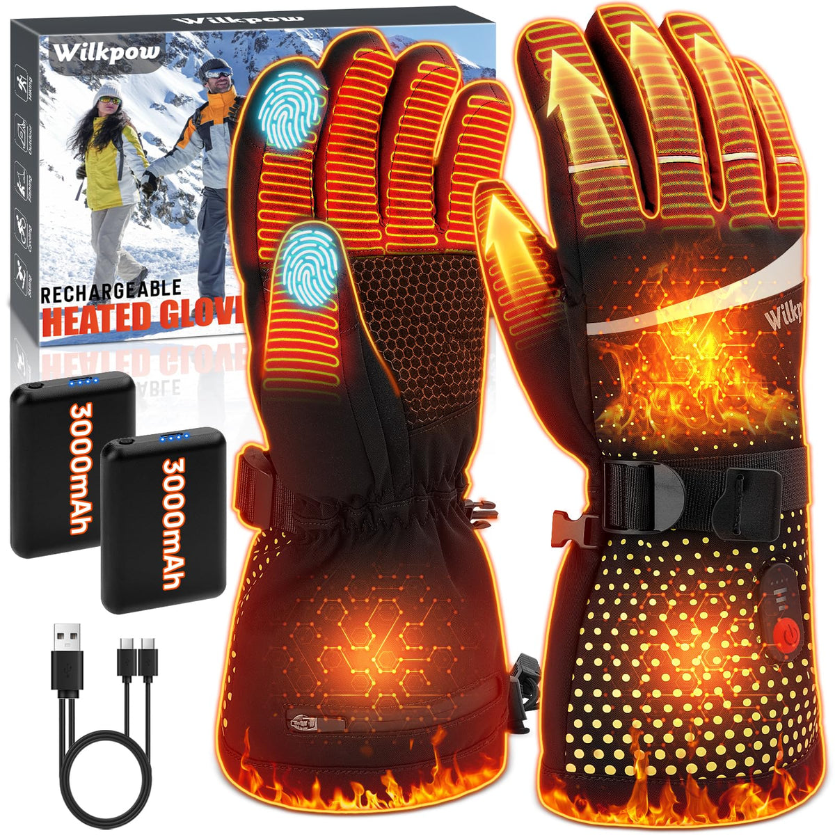 Wilkpow heated gloves front view show all-day warmth during winter sports