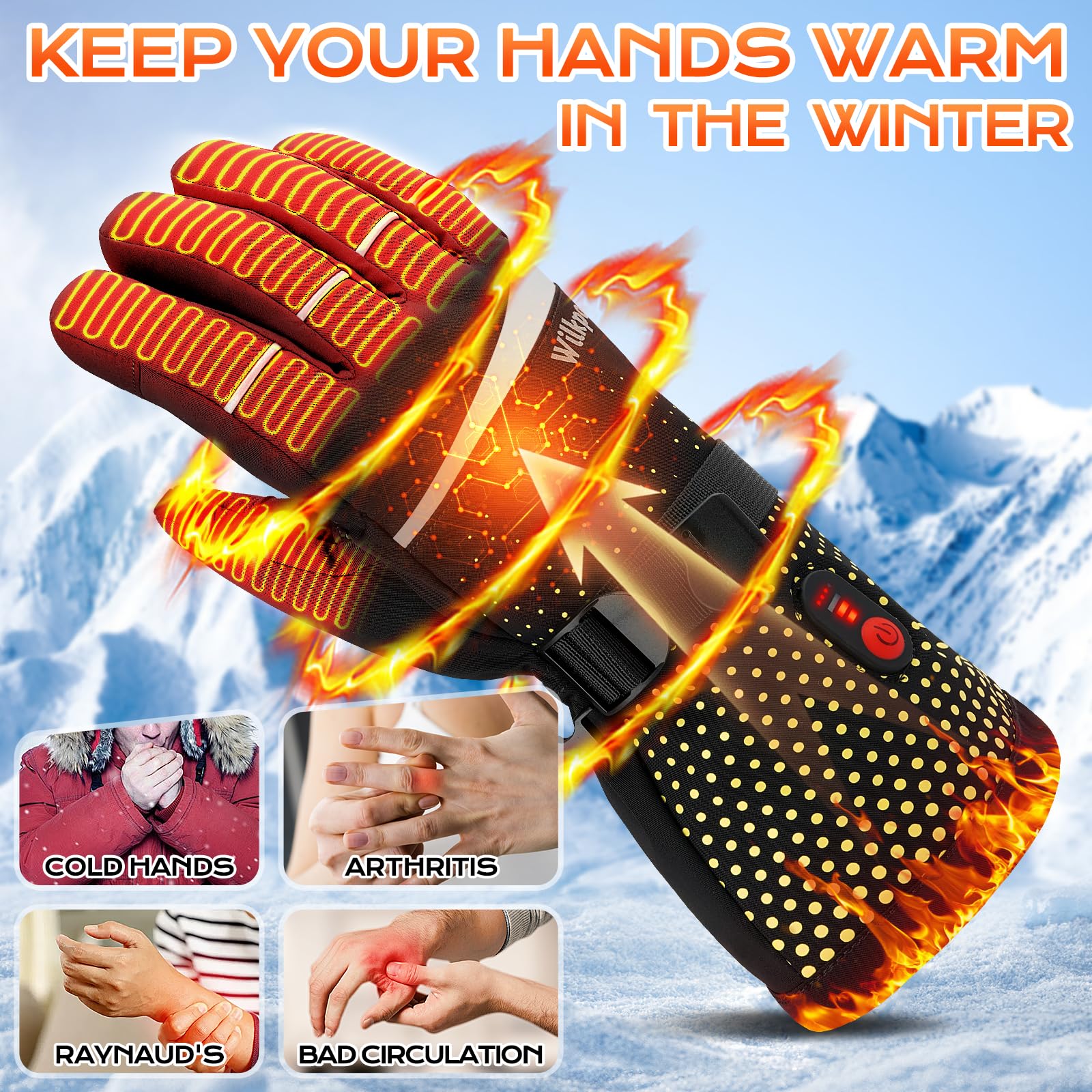 Wilkpow heated gloves waterproof outer shell keeps hands dry in rain or snow