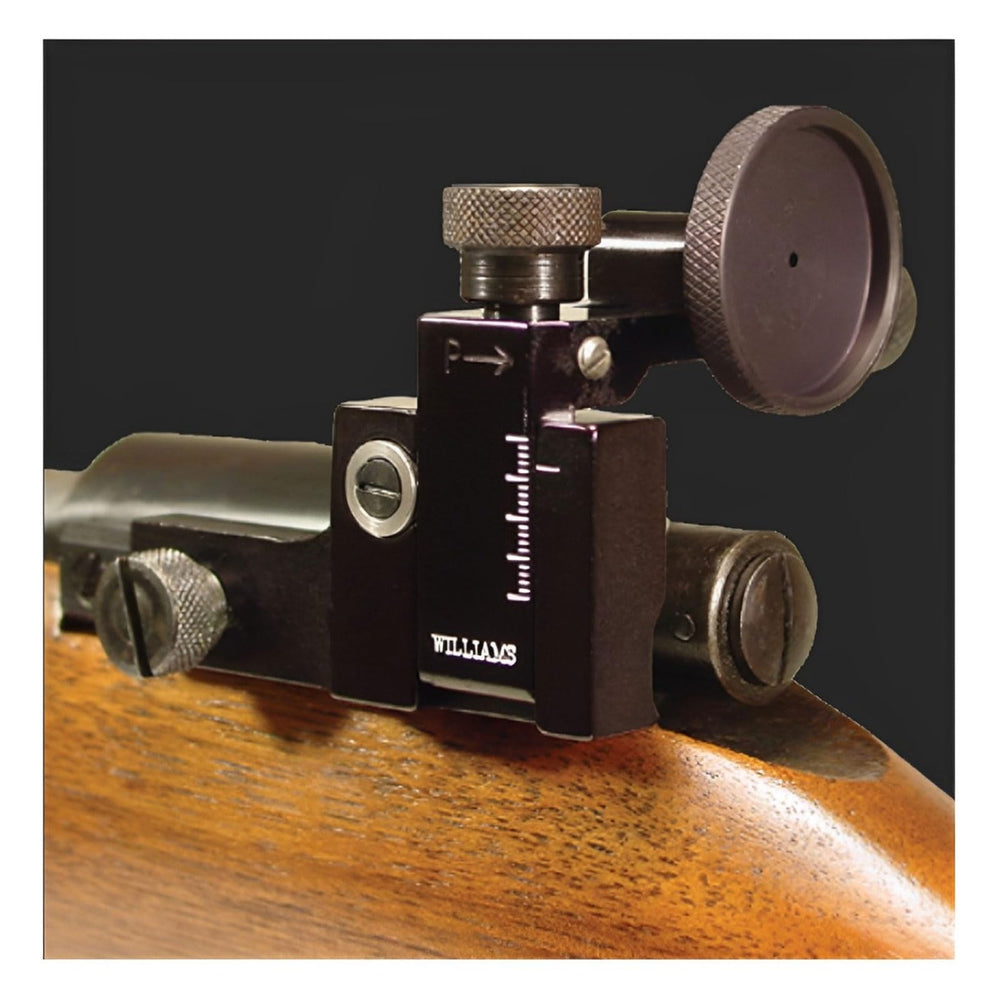 Williams Target-FP Low Rear Sight close-up highlights knurled aperture grip for quick changes.