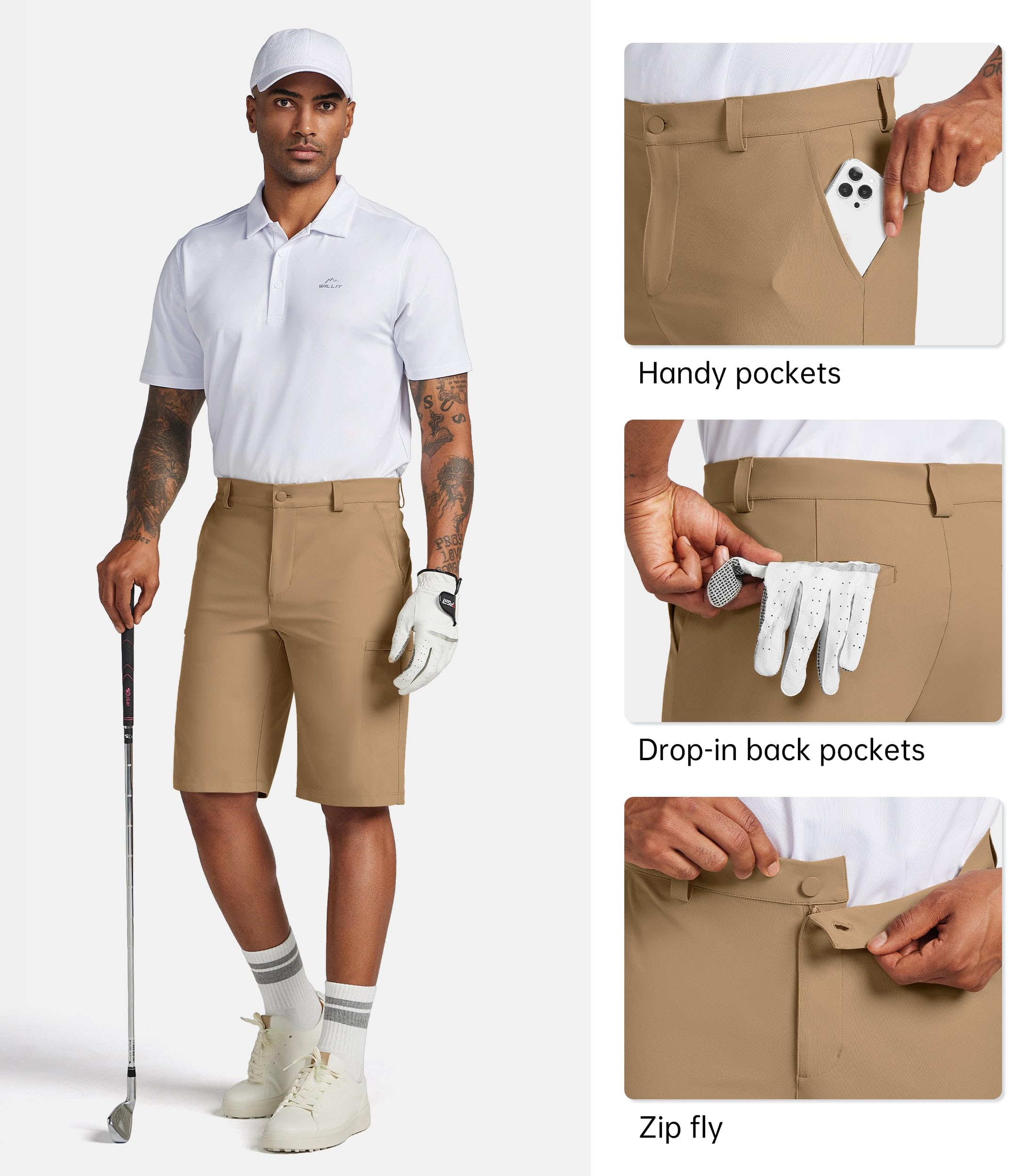 Willit mens golf shorts khaki lifestyle shot for versatile wear