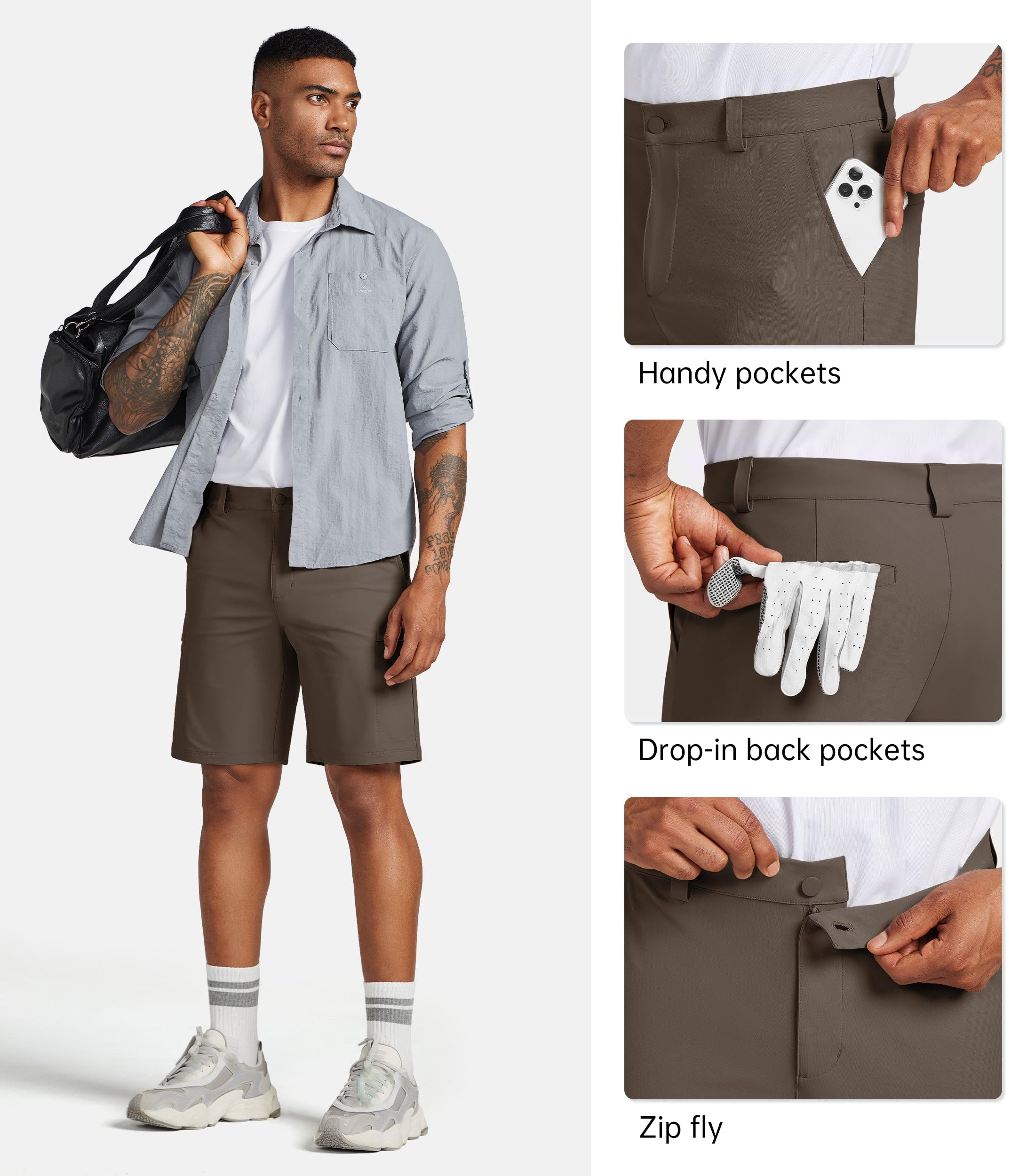 Willit men's golf shorts pocket-organization closeup featuring cargo and zip pockets.
