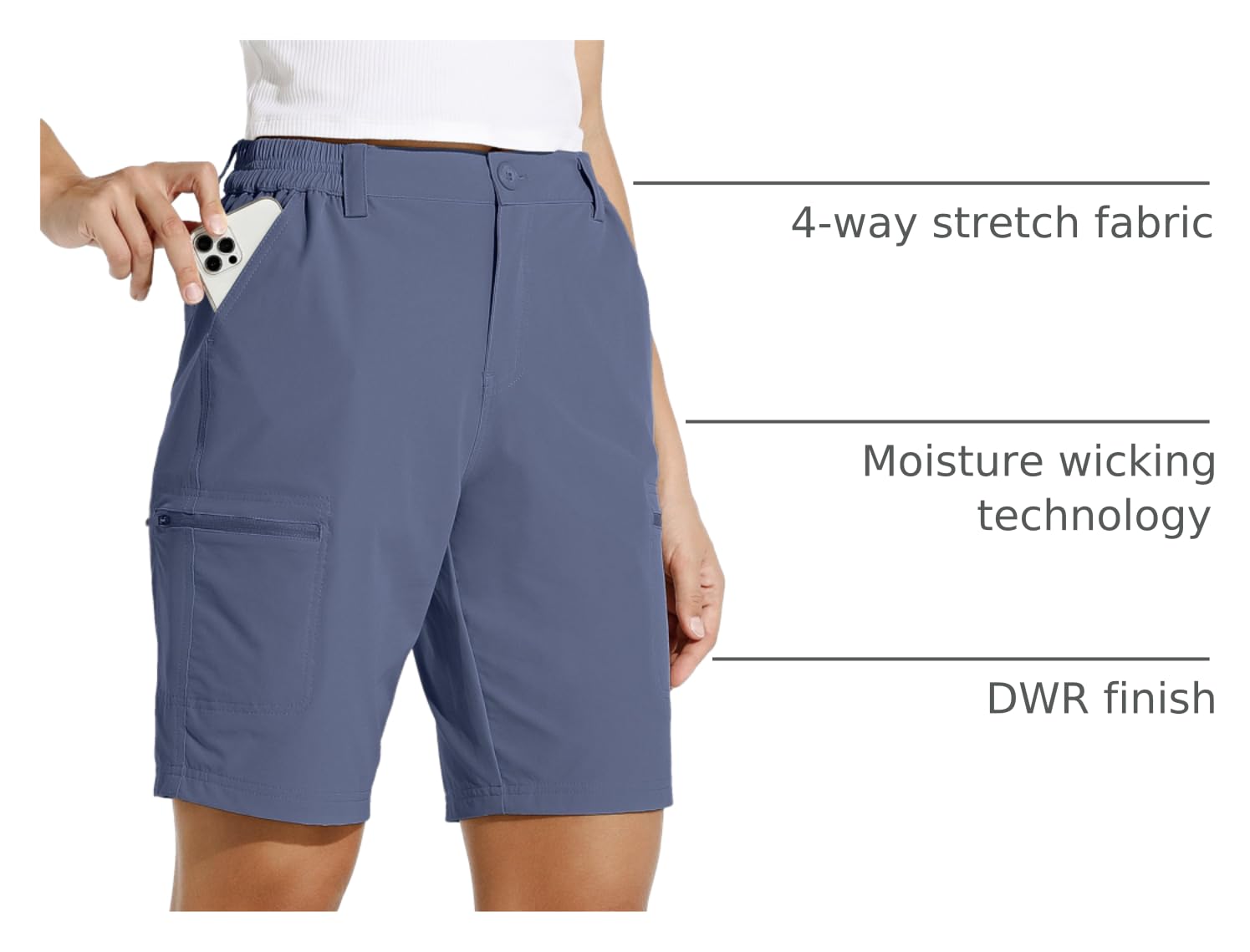 Willit women's 10-inch hiking cargo shorts front zip area shows adjustable waistband