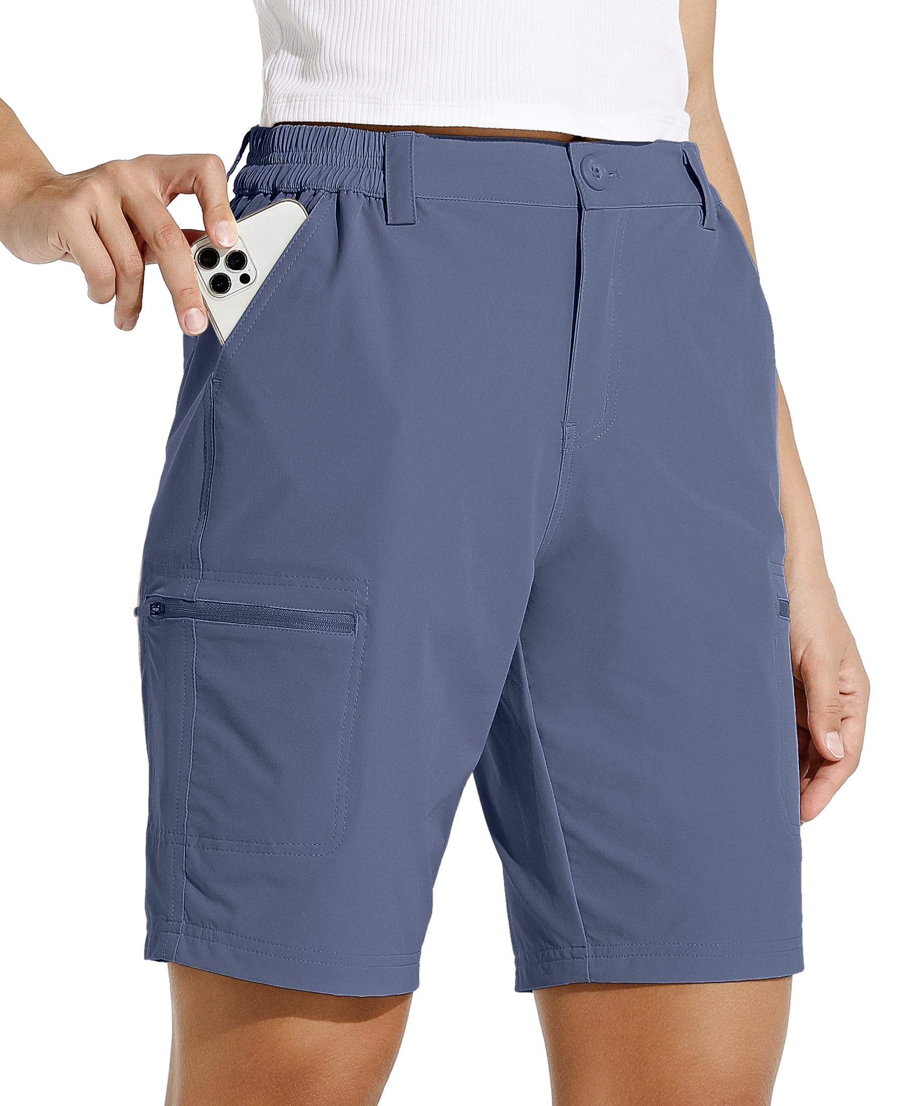 Willit women's 10-inch hiking cargo shorts waistband close-up shows adjustable fit and comfort