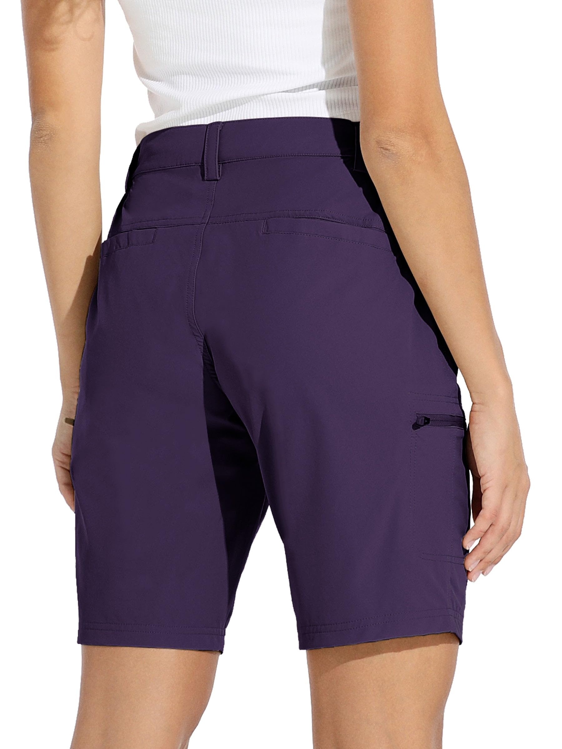 Willit women's 10in hiking shorts back view purple highlighting secure pocket layout for essentials
