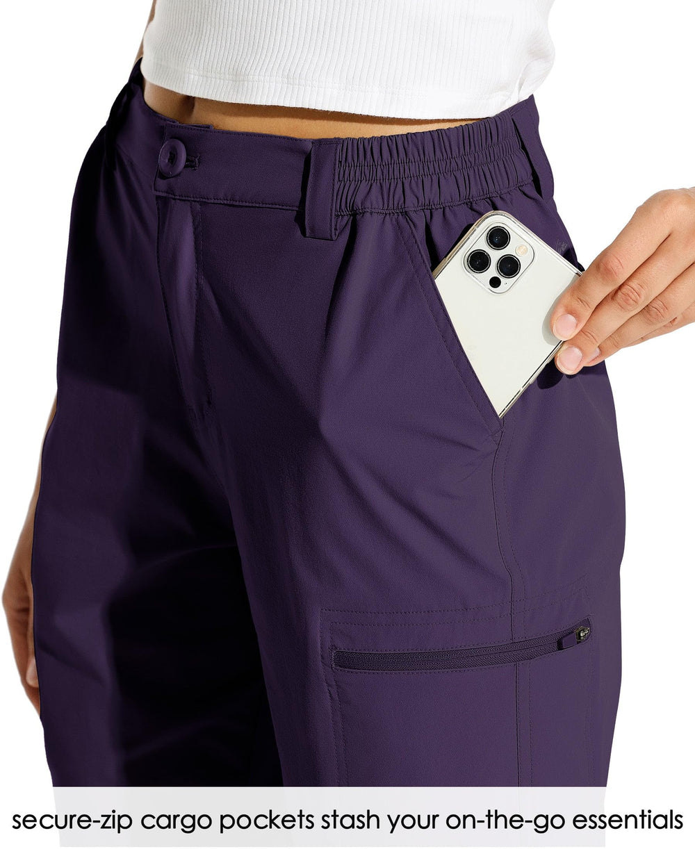 Willit women's 10in hiking shorts cargo-pocket closeup shows secure-zip pockets for on-the-go items