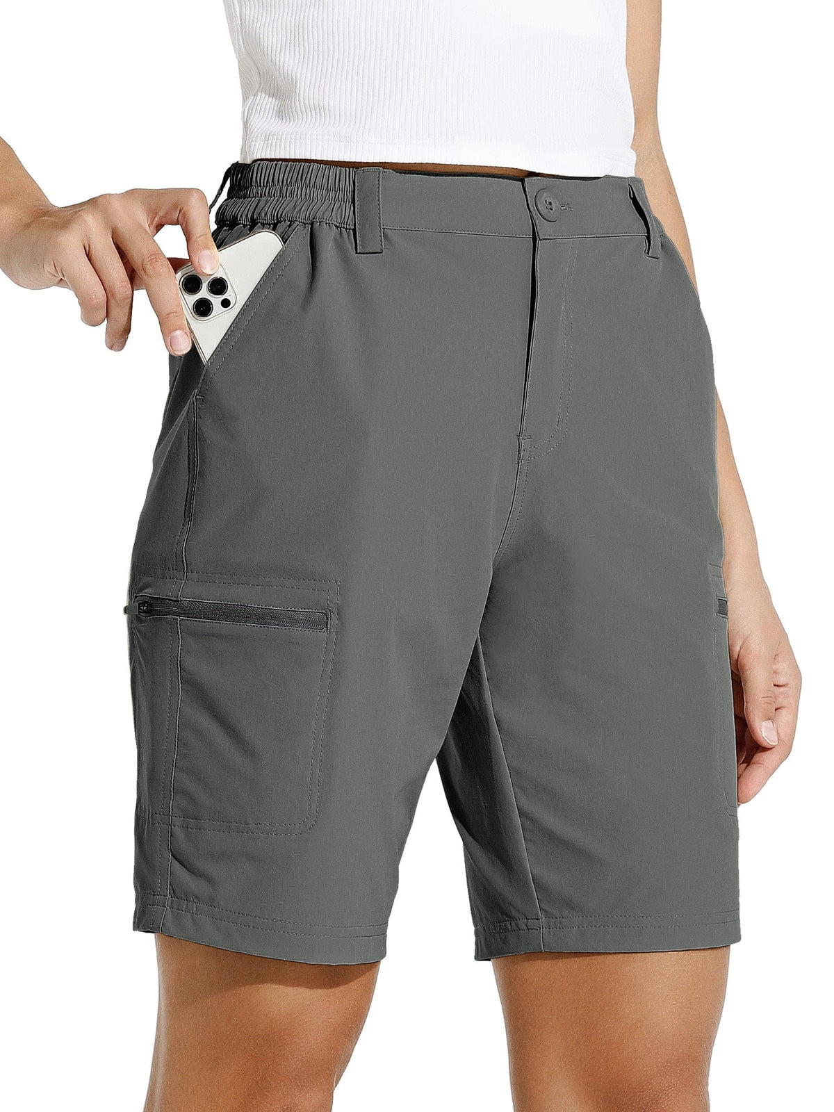 Willit women's 10in hiking shorts Forge Grey side view shows flexible stretch