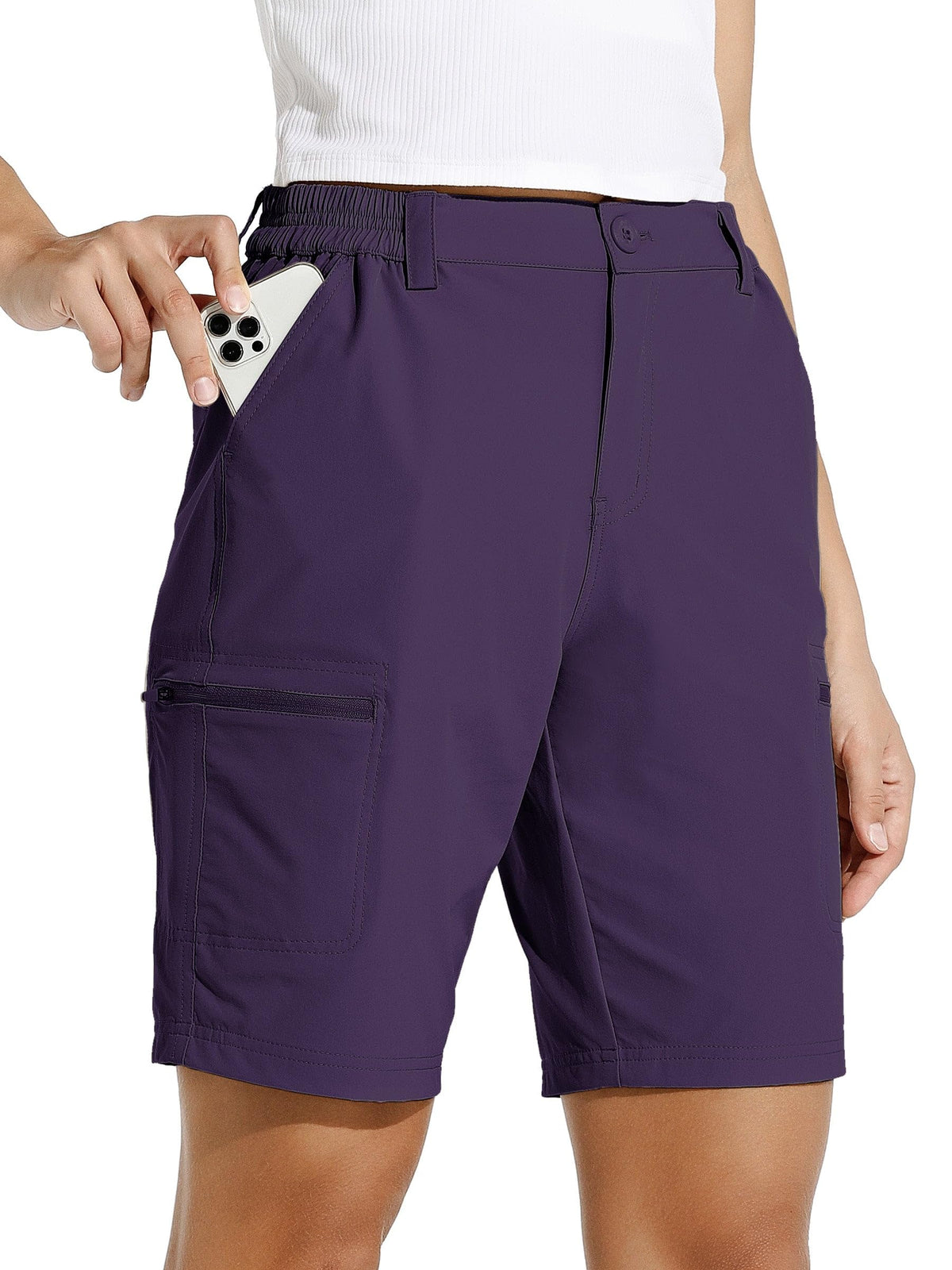 Willit women's 10in hiking shorts front view purple with 4-way stretch for movement