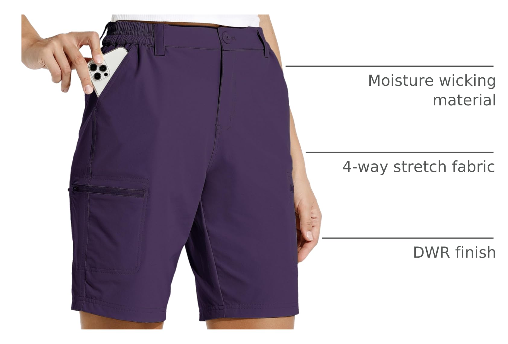 Willit women's 10in hiking shorts zip-fly waist closeup demonstrates adjustable fit for comfort