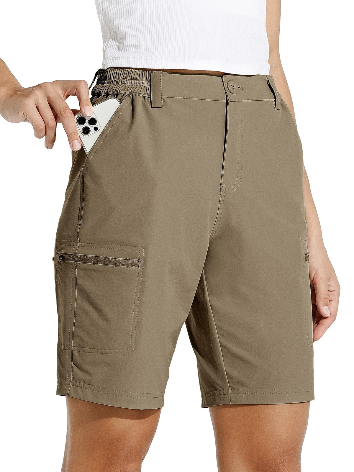 Willit women's 10-inch hiking shorts front view in deep khaki for all-day comfort.