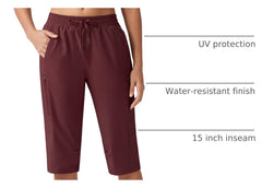 Willit women's 15in hiking shorts fabric closeup shows water-resistance and quick-dry performance.