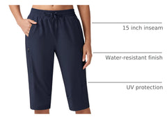 Willit women's 15in hiking shorts navy fabric closeup reveals quick-dry weave.