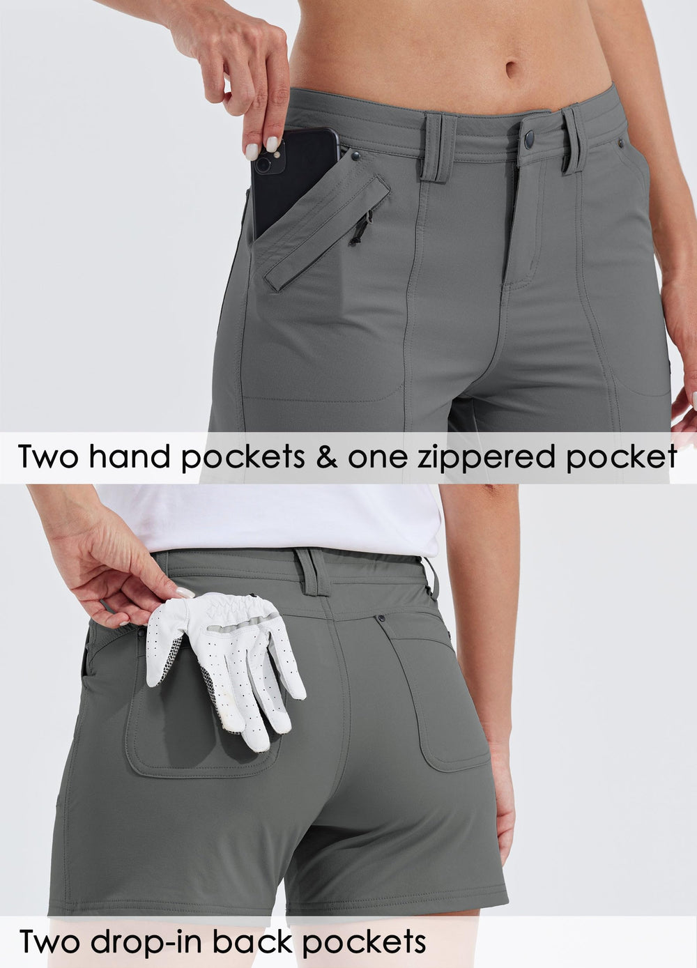 Willit women's golf shorts Forge Grey pocket details with zippered pocket for valuables
