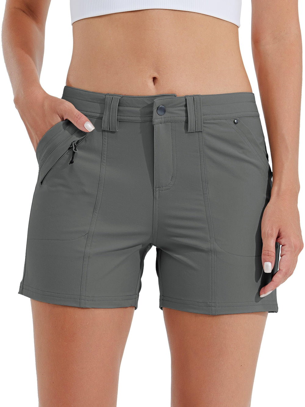 Willit women's golf shorts Forge Grey side view highlighting five-pocket design for essentials