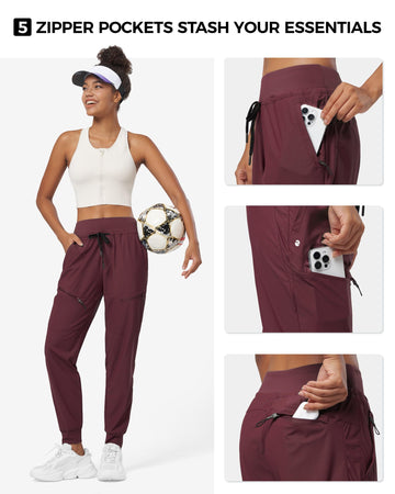 Willit women's joggers wine red on model during hiking scene