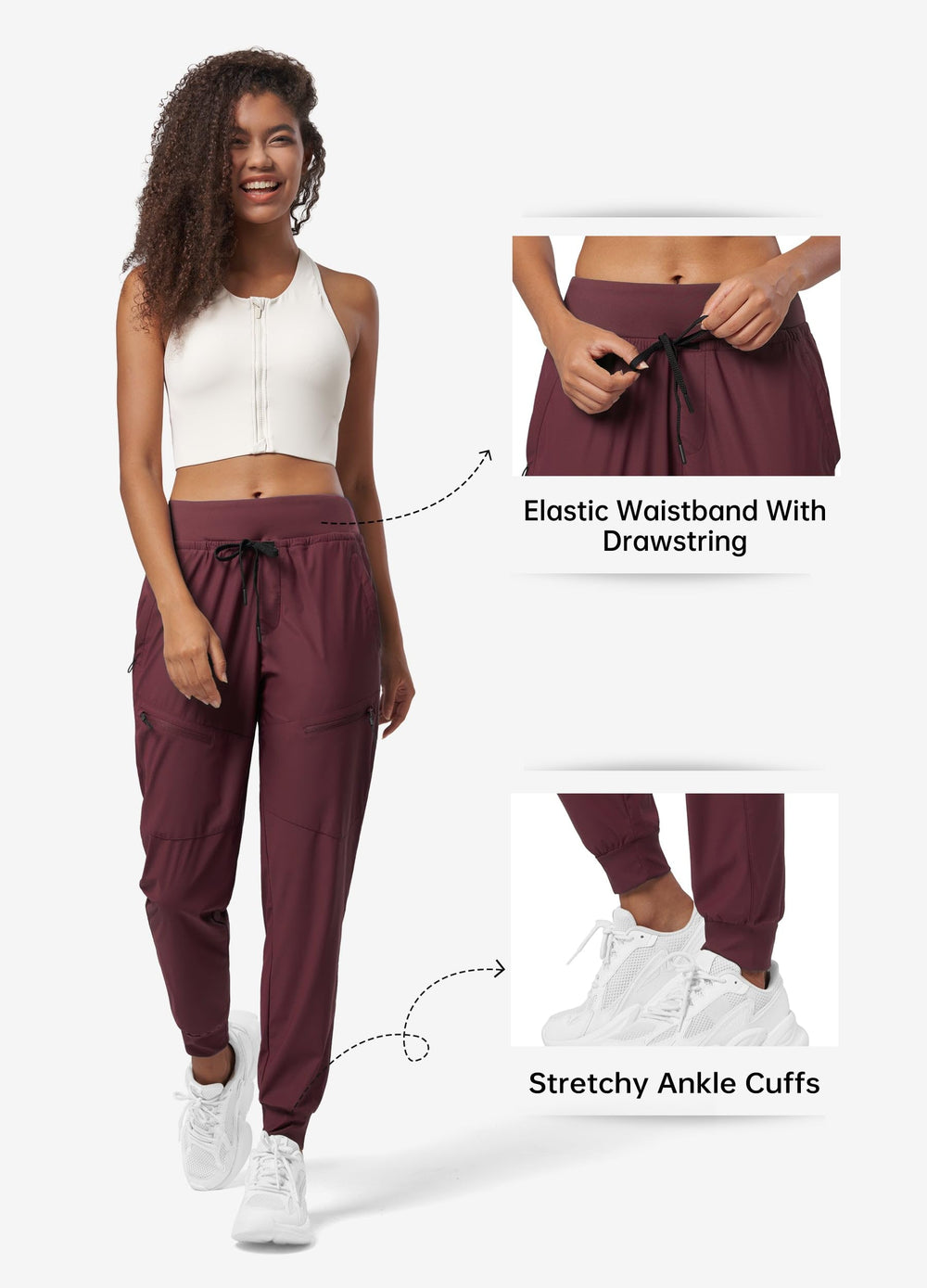 Willit women's joggers wine red zip-pocket detail emphasizing storage options