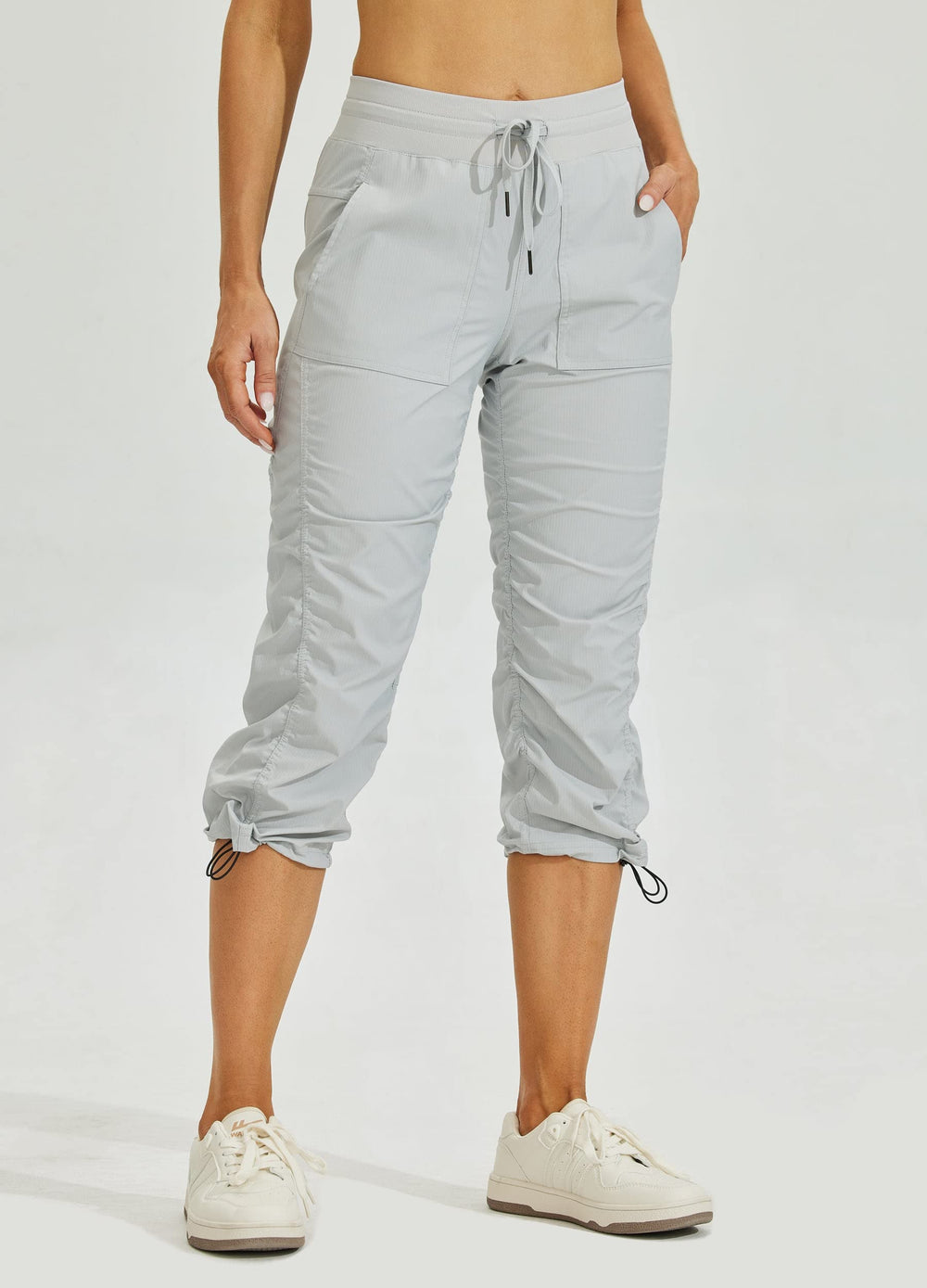 Willit capris light-gray fabric close-up communicates quick-dry moisture-wicking performance