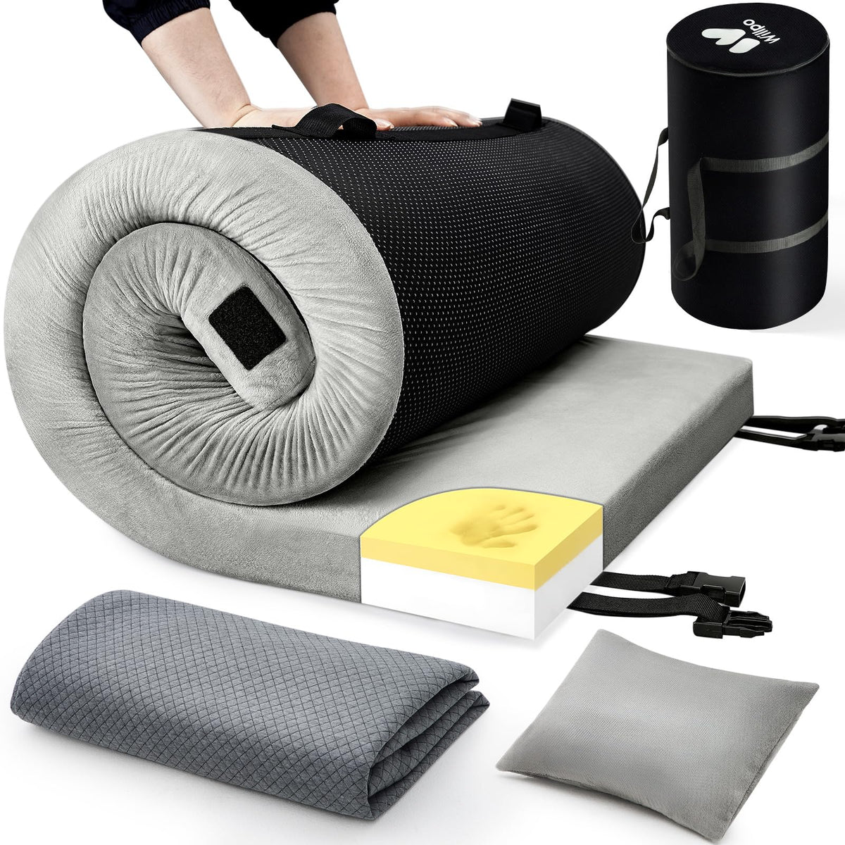 Willpo CertiPUR-US memory foam camping mattress with waterproof cover for outdoor use.