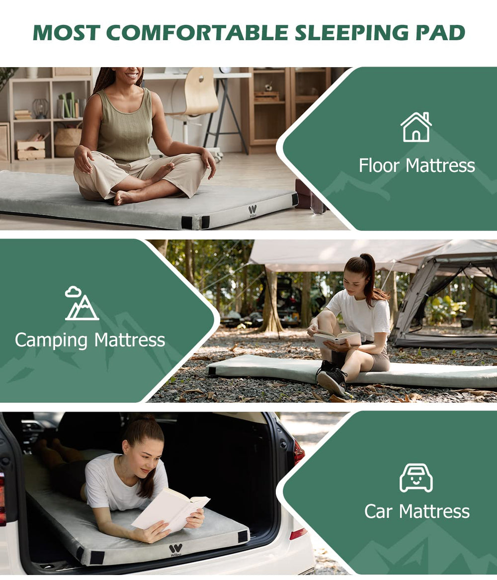 Willpo gray single sleeping mattress ready for tents, guest rooms, or travel.