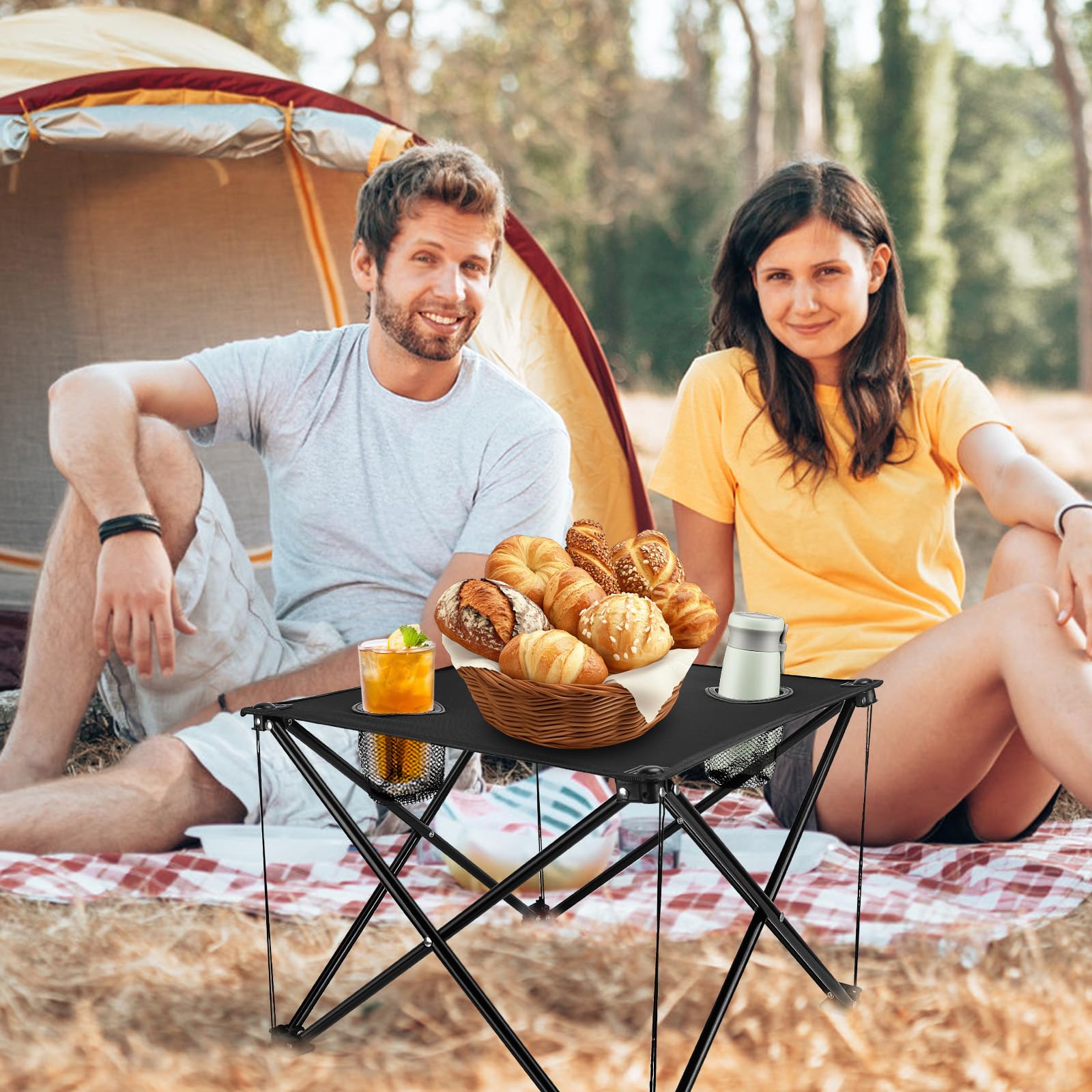 Wilytyres table with two cup holders keeps drinks stable during use