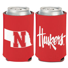 WinCraft Nebraska Cornhuskers 12oz can cooler, front view, keeps drinks cool during games.