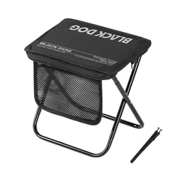 Windhike Blackdog 11in folding stool folded for compact backpack storage and quick rest.