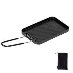 Windhike Blackdog frying pan on a camping oil stove for easy camp meals.
