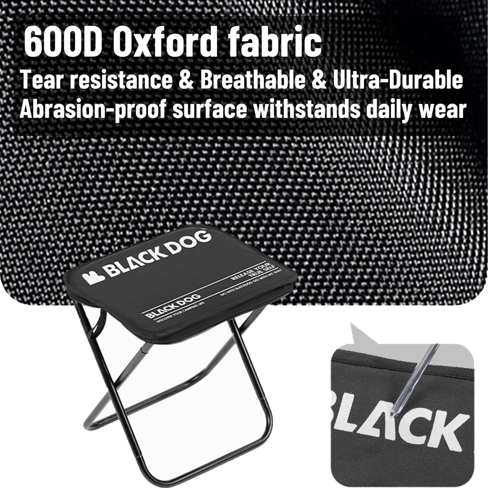 Windhike Blackdog portable camping stool shown ready for travel and camping use.