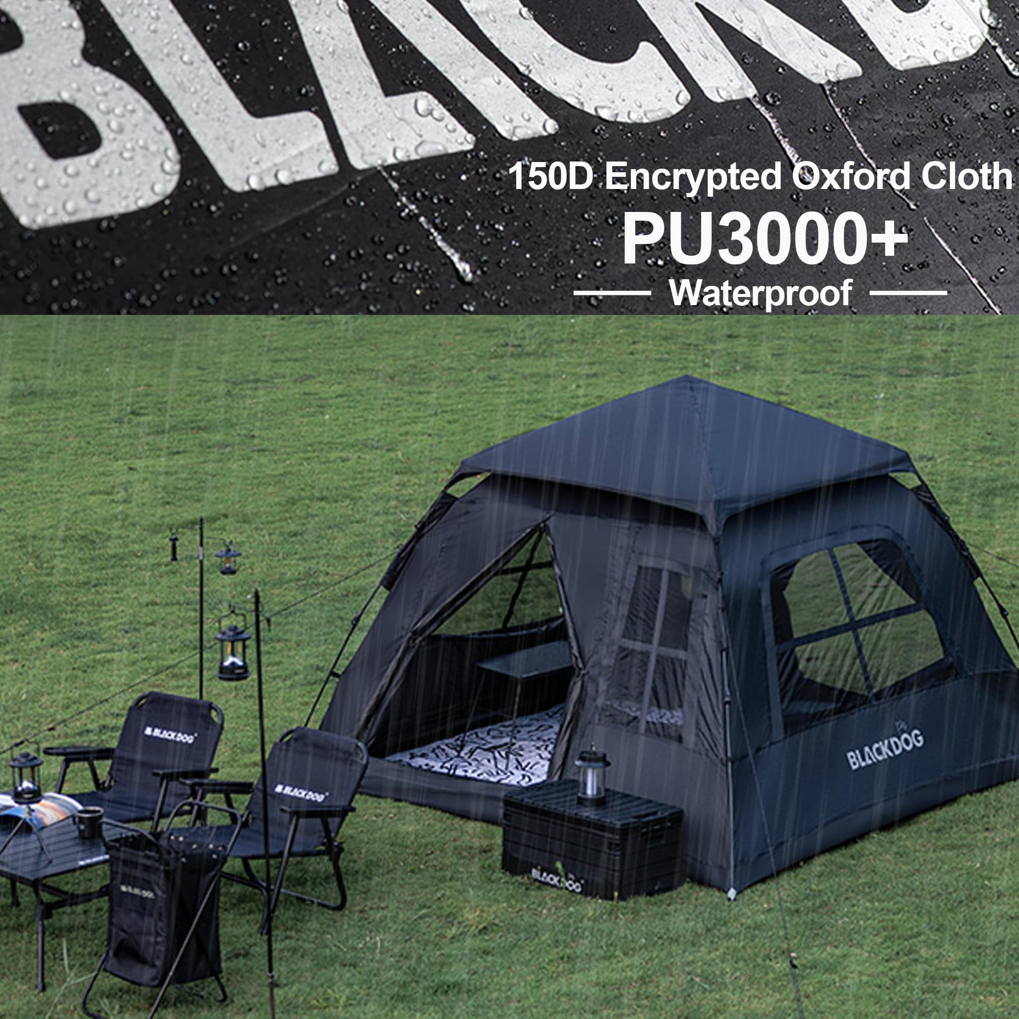 Windhike Blackdog tent features PU3000 waterproof coating to keep gear dry.