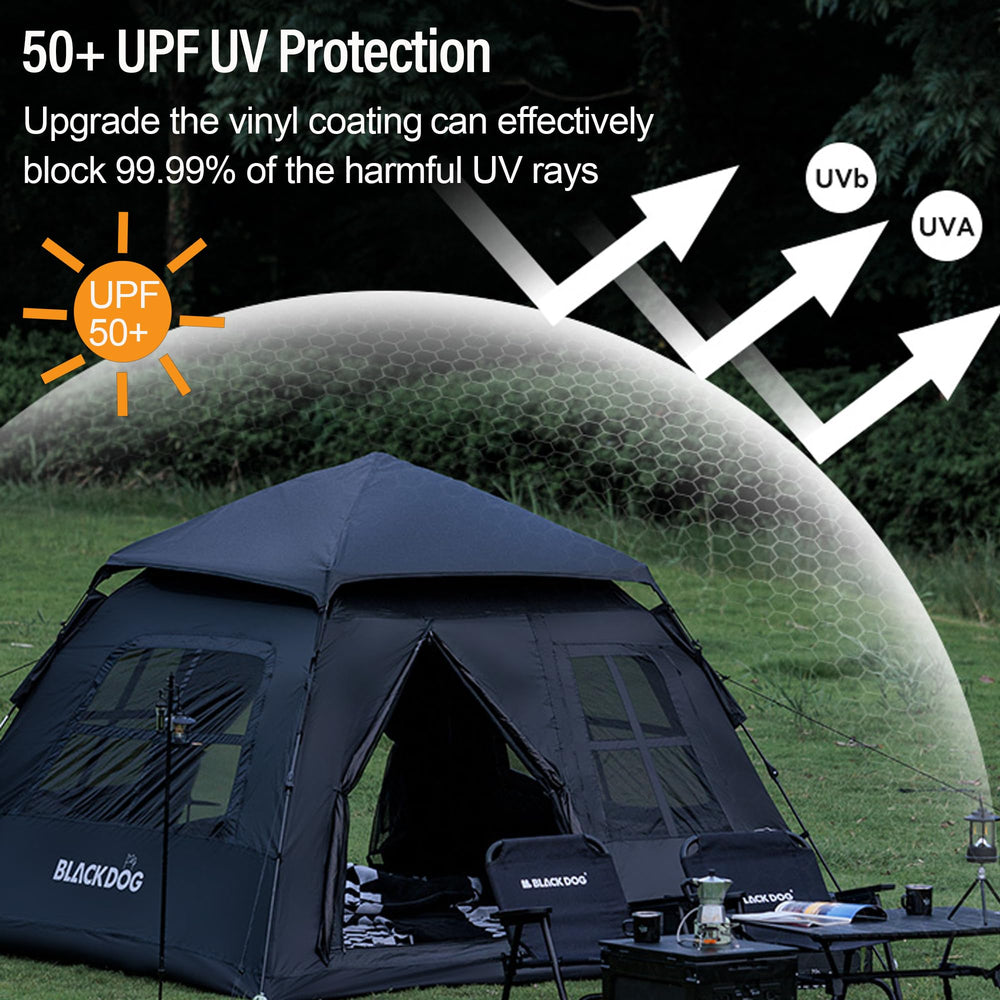 Windhike Blackdog tent highlights UPF50+ sun protection for shade outdoors.