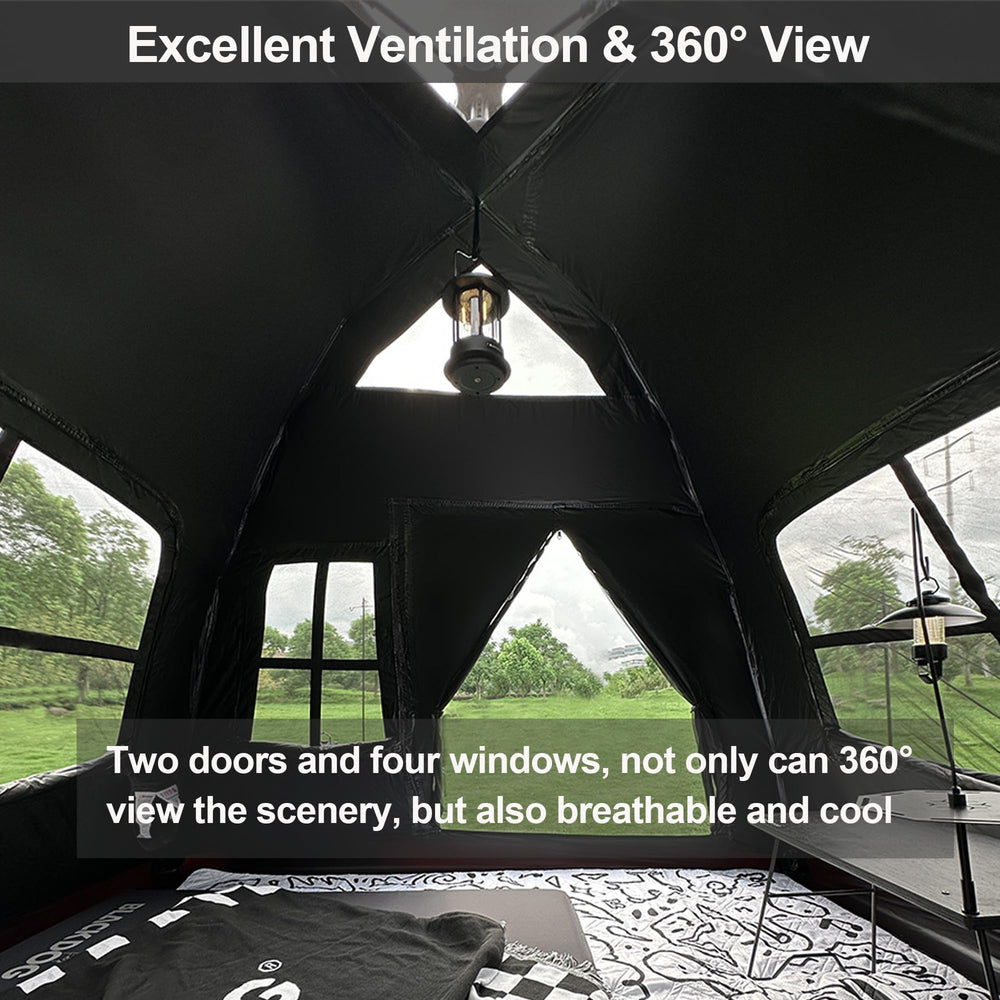 Windhike Blackdog tent uses a wind-resistant frame designed for stability.