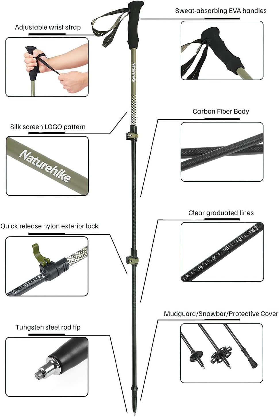 Windhike Naturehike 3K carbon fiber poles with adjustable length for versatile use.