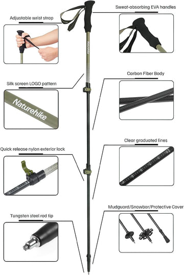 Windhike Naturehike 3K carbon fiber poles with adjustable length for versatile use.