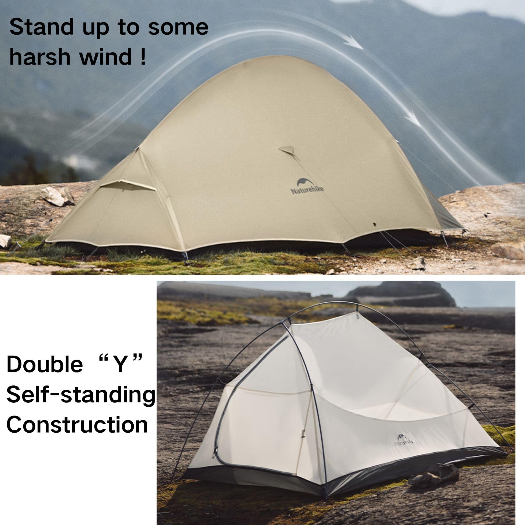 Windhike Naturehike Cloud Up Pro tent self-standing frame ensures stable setup on uneven ground.
