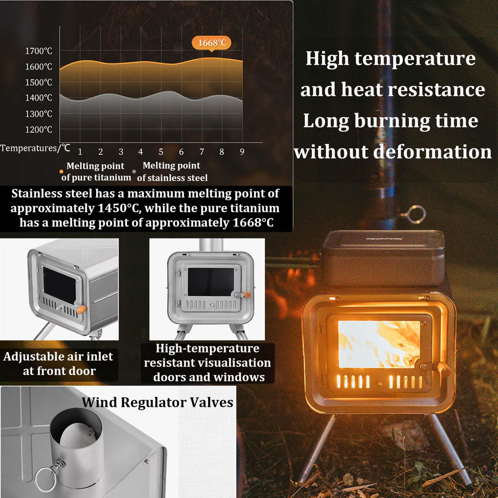 Windhike Naturehike Pure Titanium stove open door view for easy fuel access.