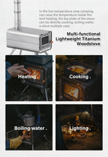 Windhike Naturehike Pure Titanium stove in use for wood burning outdoors.