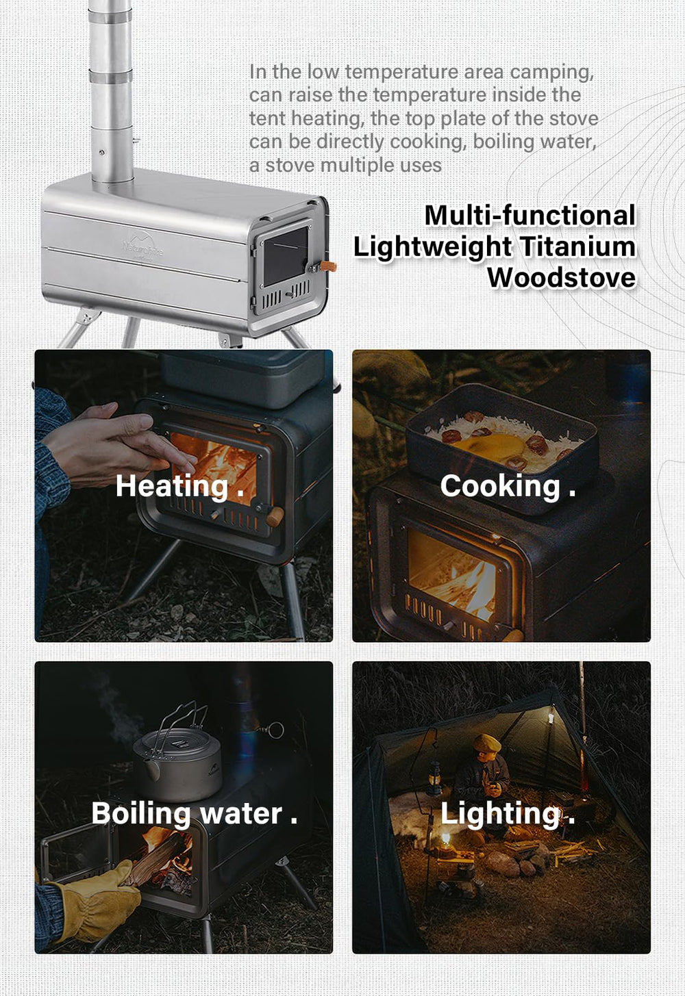 Windhike Naturehike Pure Titanium stove in use for wood burning outdoors.
