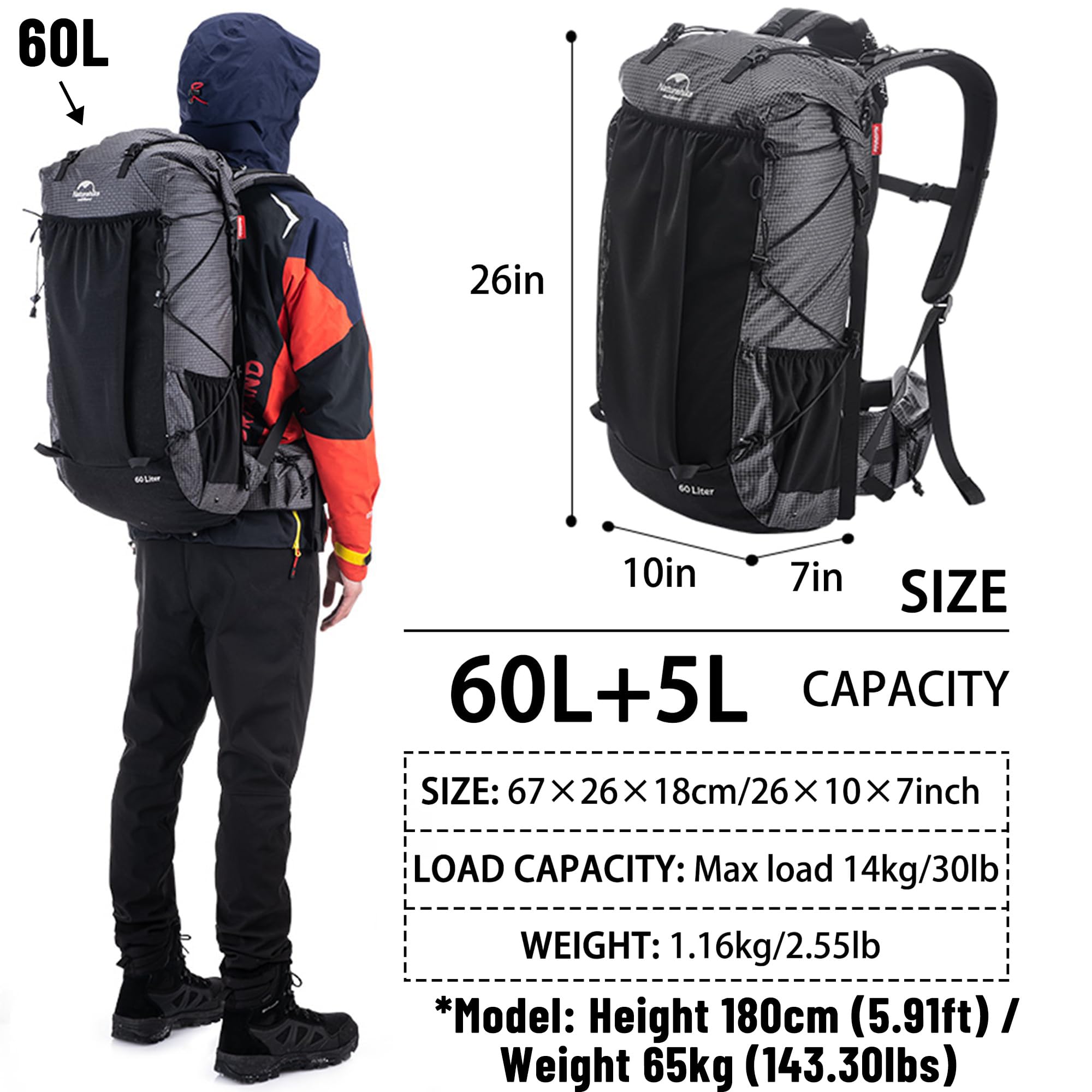 Windhike Naturehike Rock 60L+5L side pocket, organized gear on longer trips.
