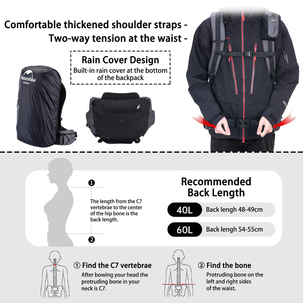 Windhike Naturehike Rock 60L+5L top compression straps, secure bulky gear.