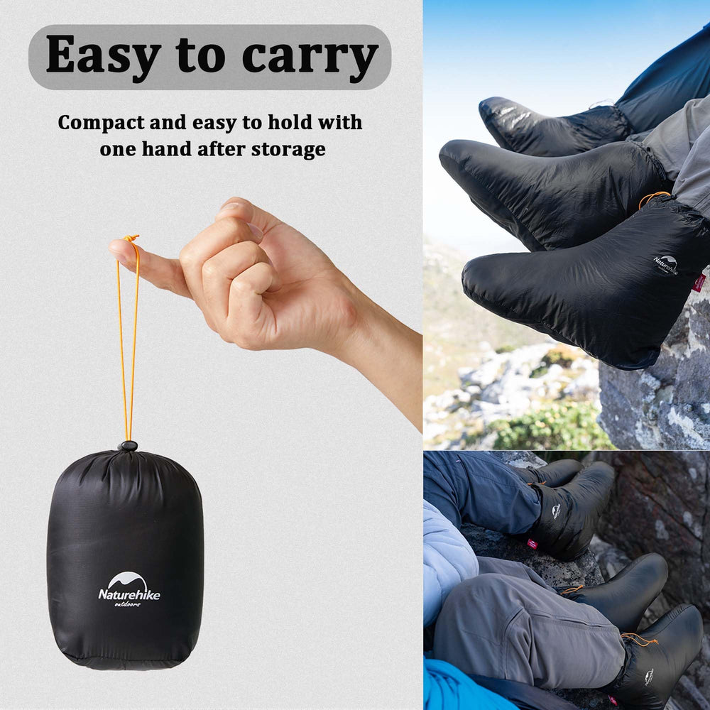 Windhike Naturehike booties tucked inside a sleeping bag for rest