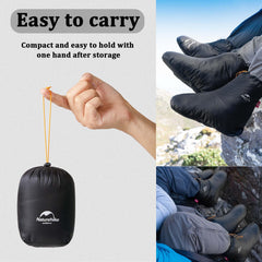 Windhike Naturehike booties tucked inside a sleeping bag for rest