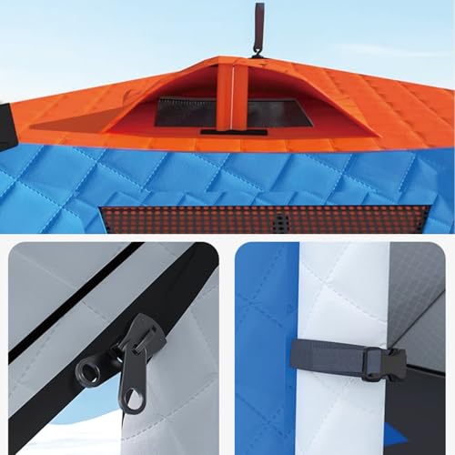 Sturdy ice shelter with windproof ropes and anchors for secure placement.