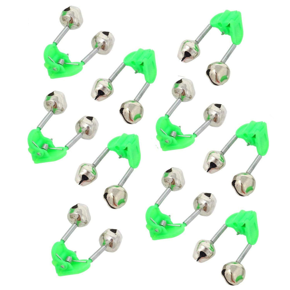 Wingsflying 10 Pcs Fishing Alarm Bells in green and silver tones clipped to a fishing rod