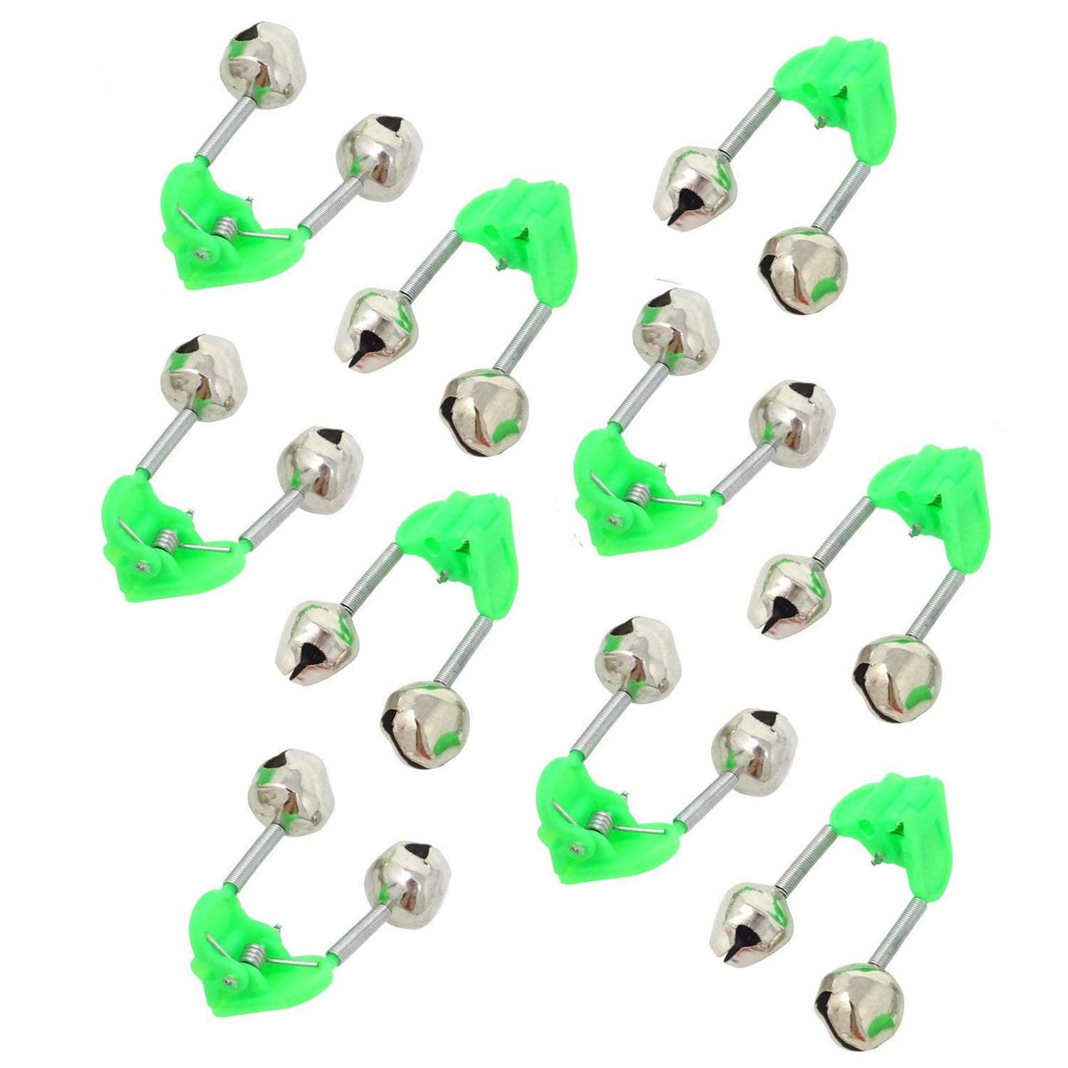Wingsflying 10 Pcs Fishing Alarm Bells in green and silver tones clipped to a fishing rod