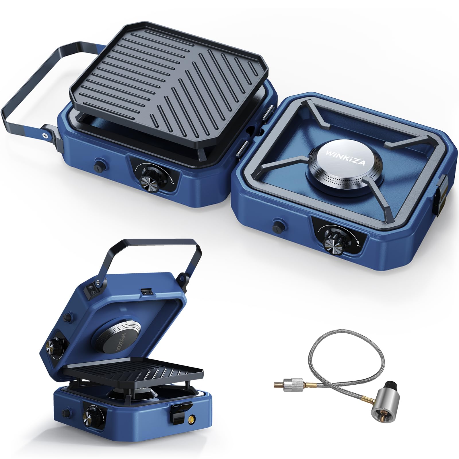 WINKIZA 2-burner camping stove assembly with dual burners for quick outdoor meals.