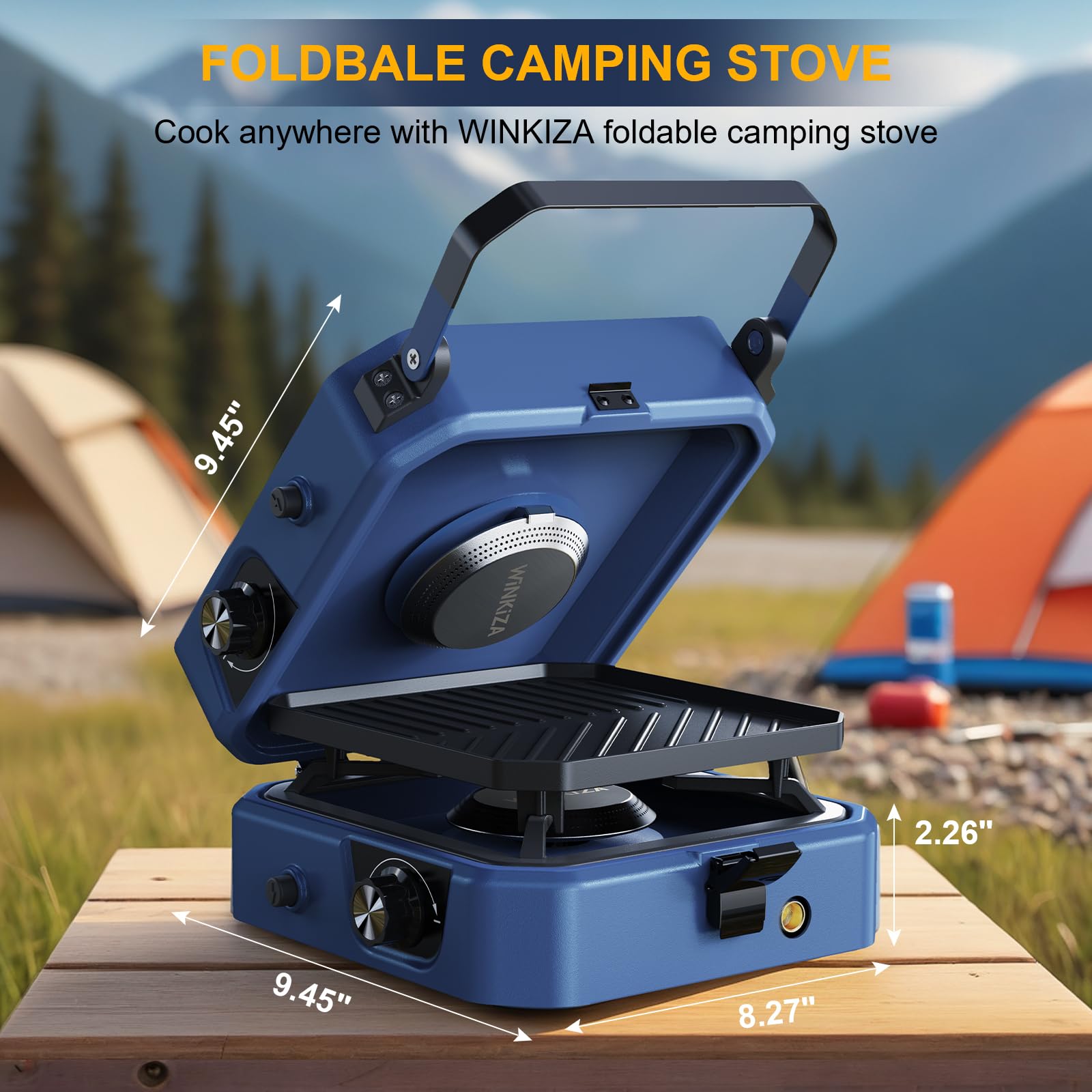 WINKIZA foldable camping stove with carrying handle enhances portability on trips.