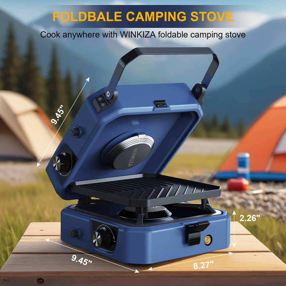 WINKIZA foldable camping stove with carrying handle enhances portability on trips.